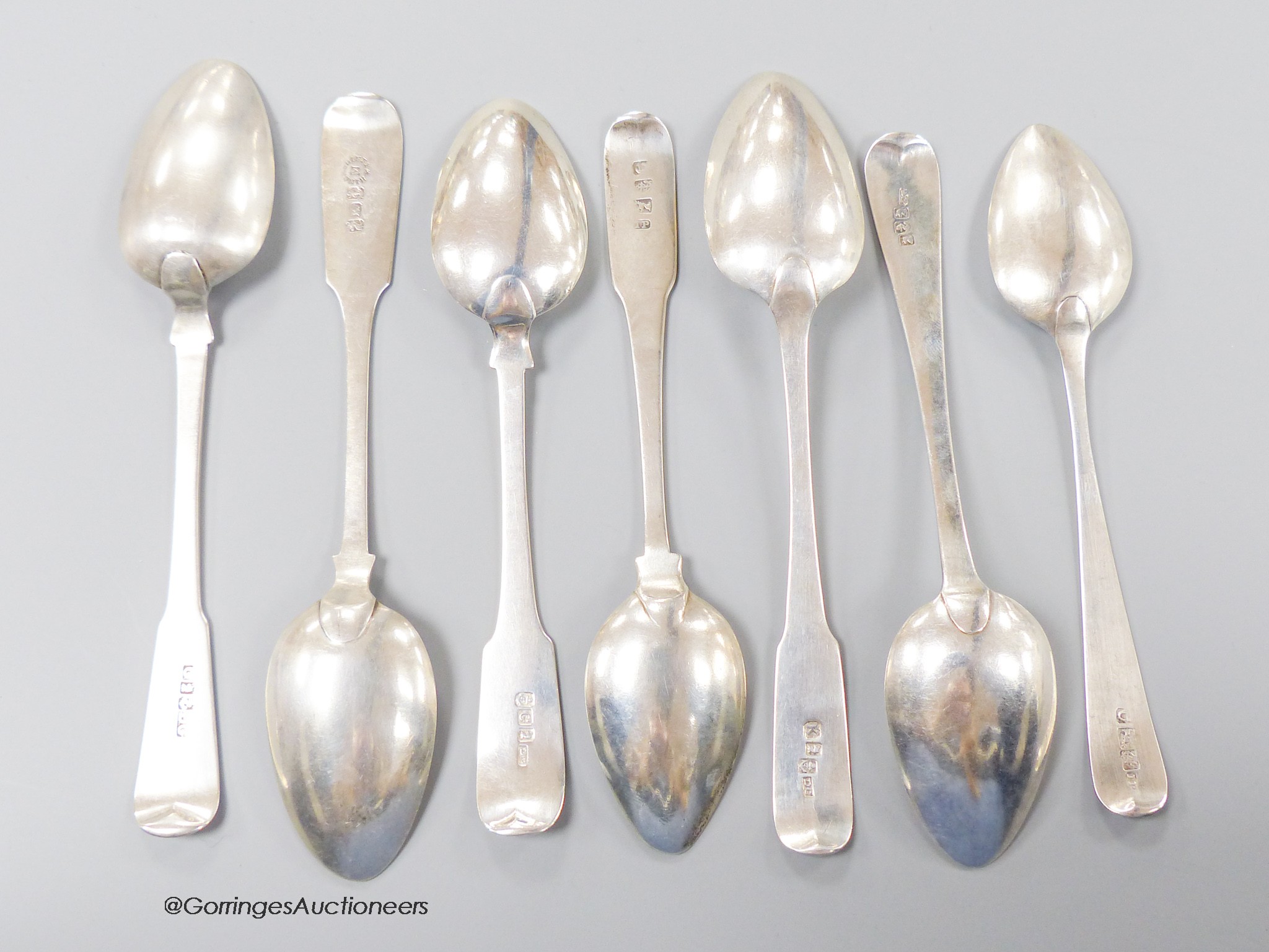 Seven 19th century Scottish provincial silver teaspoons, Old English or fiddle patterns, all Dumfries, David Gray(4), Joseph Pearson(2) and Mark Hinchcliffe, longest 14cm, 3oz.